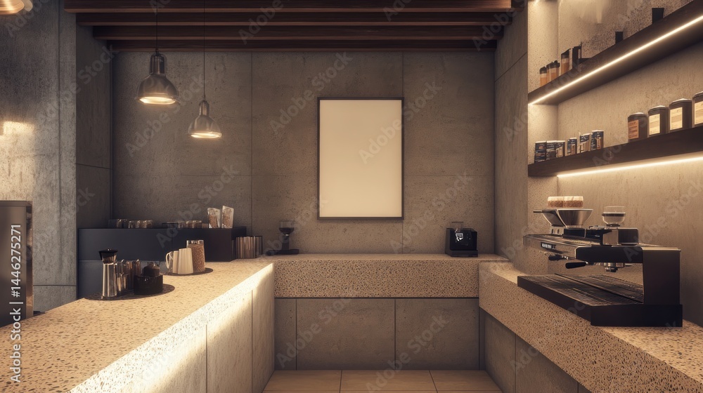 Poster Clean and minimalist coffee shop counter with espresso machine
