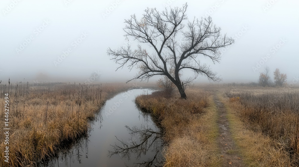 Aufkleber a foggy landscape featuring a tree next to a winding stream