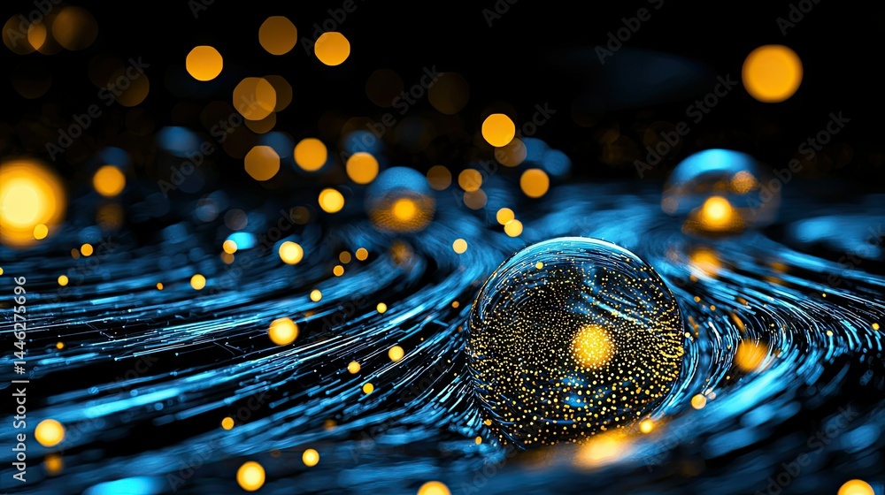 Poster abstract composition featuring spheres and flowing light trails