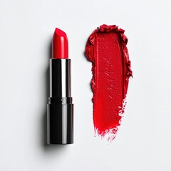 Bold red lipstick on white background with stylish swipe