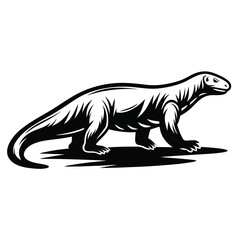 Komodo Dragon Silhouette, Black and White Reptile Illustration, Fierce Animal Art