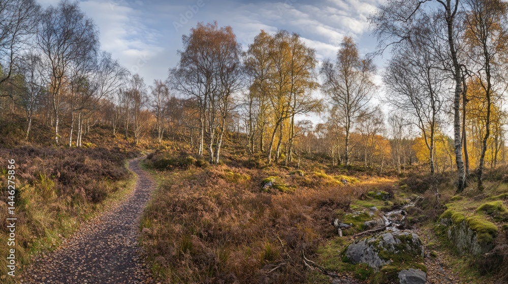 Poster a winding path leads through a forest in the autumn