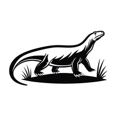 Silhouette Komodo Dragon Walking Through Tall Grass, Wildlife, Monochrome, Nature, Reptile