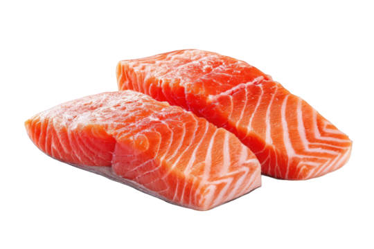 Two fresh raw salmon filets isolated on red fish food diet meal sushi on transparent background