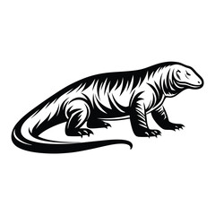 Komodo Dragon Stand Side View Reptile Illustration, Wildlife Animal Black and White