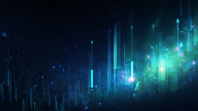 Abstract glowing light streaks rise vertically against a dark blue background.