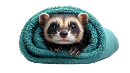 Adorable ferret peeking from a teal blanket