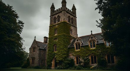 Obraz premium Ancient Stone Mansion Engulfed By Greenery Under Overcast Skies