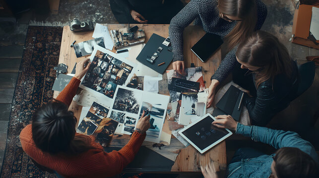 Planning Session: A birds-eye view of a table surrounded by a team of people intensely reviewing photos and digital assets to create a cohesive visual plan, full of teamwork, brainstorming.