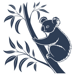 Silhouette of Koala Sitting in Eucalyptus Tree Branches, Isolated