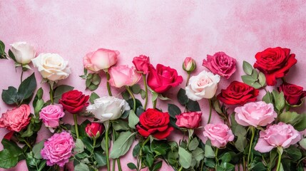 A vibrant display of various roses in pastel and deep hues.