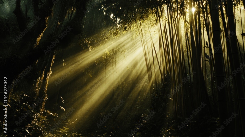 Poster sunbeams streaming through dense bamboo forest create ethereal atmosphere