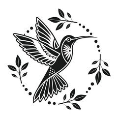 Vector Illustration of a Hummingbird Silhouette with Elegant Wings in Flight, Encircled by a Lotus Flower and Leafy Branch for Nature-Inspired and Decorative Art Projects