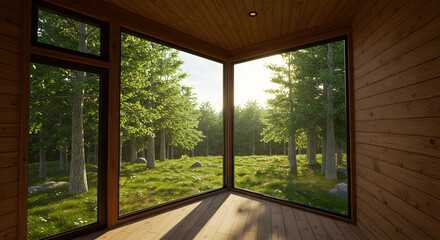 Serene Forest View From Modern Wooden Cabin With Expansive Windows