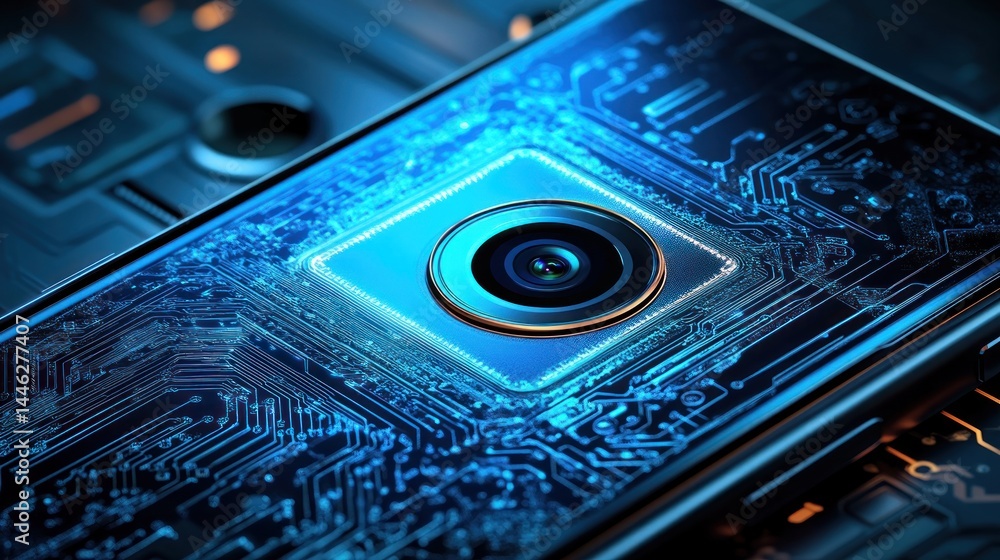 Poster close up view of smartphone camera surrounded by circuitry