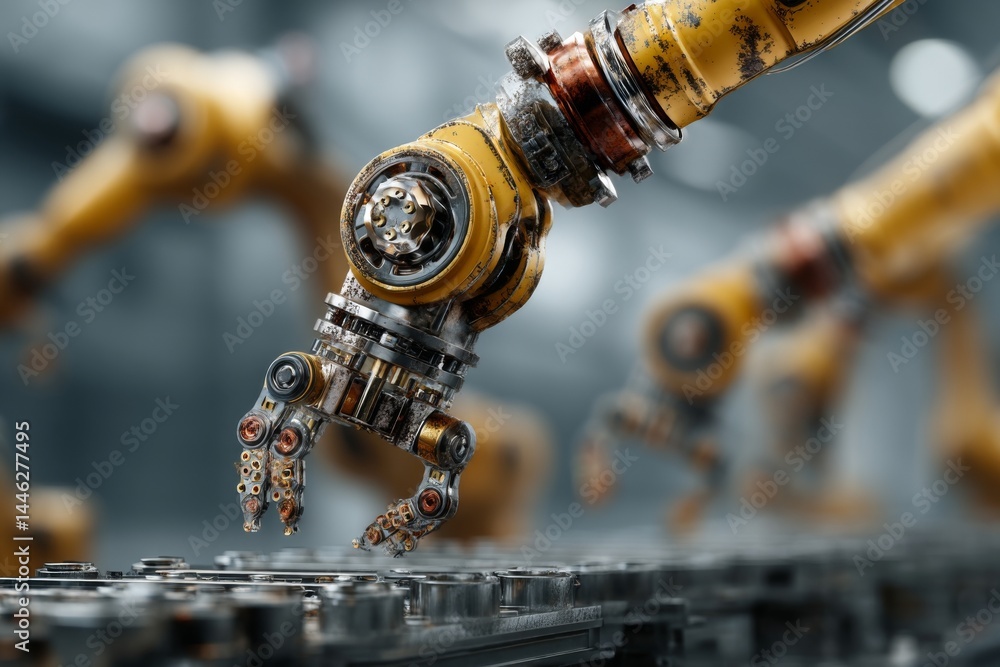 Poster automated metallic machine assembly arm with robotic precision placing components on factory line, a