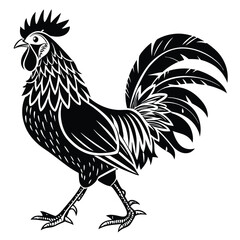 Ornate Rooster Black and White Chicken, Poultry, Farm Animal, Detailed