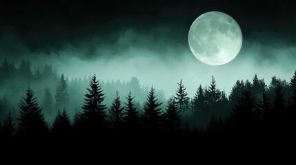 Naklejka premium A foggy forest scene illuminated by the full moon at night