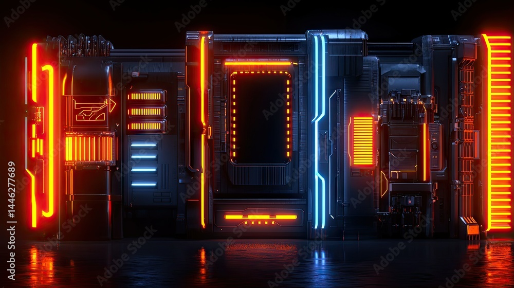 Poster A futuristic structure features multiple neon lights and dark metallic surfaces