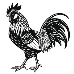 Monochrome Rooster Illustration. Farm Animal Design with Detailed Plumage & Crest