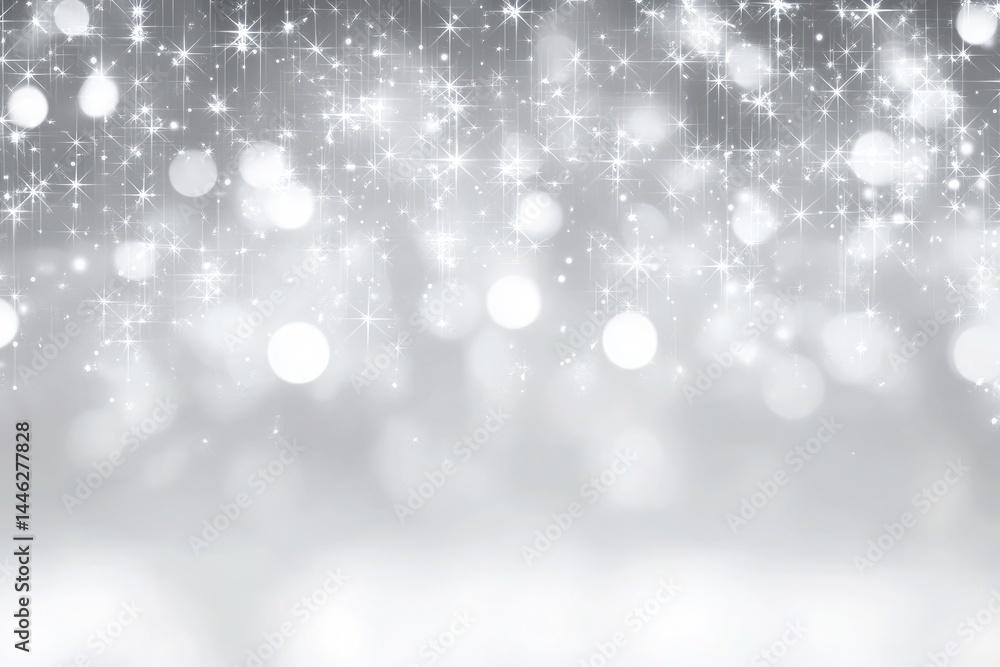 Poster silver sparkle background with bokeh effect and glittering stars design abstract