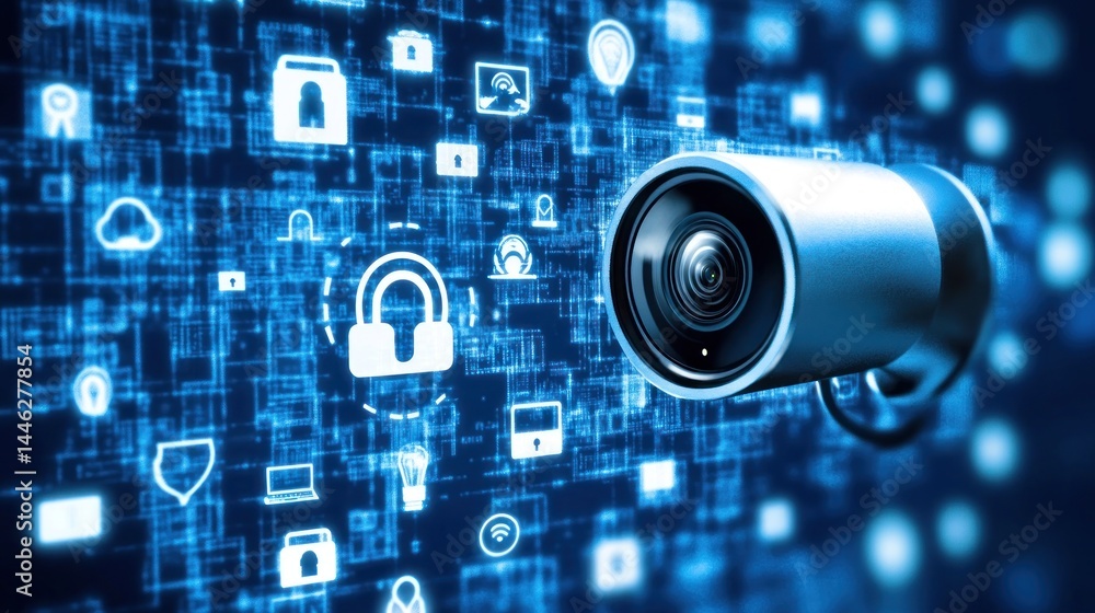 Poster Security camera overlayed on a digital network background
