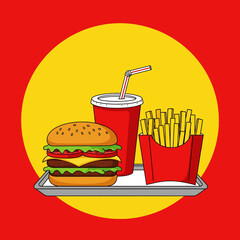Flat style vector illustration of a classic fast food combo: burger, fries, and soda. Clean, modern design for menus and graphics