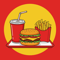 Flat style vector illustration of a classic fast food combo: burger, fries, and soda. Clean, modern design for menus and graphics