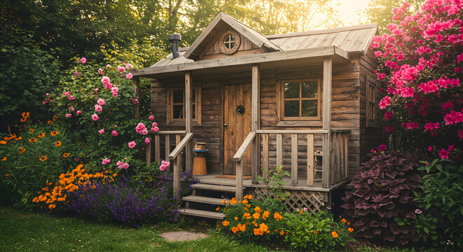 Idyllic Wooden Cabin Surrounded By Blooming Flowers And Lush Greenery