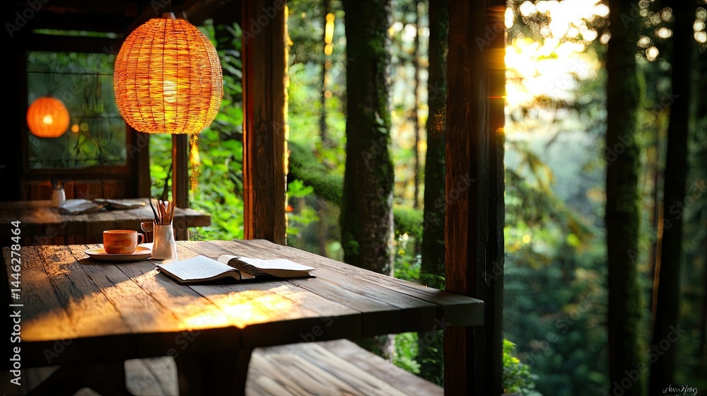 Aufkleber a wooden table with a book in a forest setting