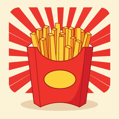 Adobe Illustrator Artwork Flat-style vector illustration of french fries in a red container with a yellow logo, set against a striped background. Perfect for fast food themes
