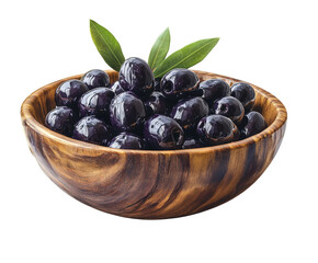 Fresh black olives in wooden bowl kitchen food natural isolated on transparent background