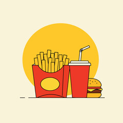 Flat style vector illustration of a classic fast food combo: burger, fries, and soda. Clean, modern design for menus and graphics