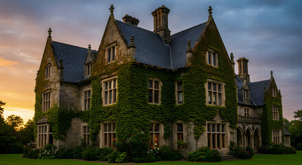 Fototapeta premium Grand Stone Estate With Ivy Embraced Walls And Evening Sky Panorama