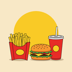 Flat style vector illustration of a classic fast food combo: burger, fries, and soda. Clean, modern design for menus and graphics