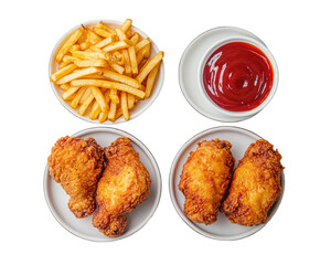 Fried chicken and fries restaurant food top view isolated on transparent background