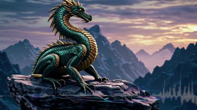 Mystical fantasy animation ancient dragon resting atop rocky cliffs surveying distant mountains glitchy streaming overlay virtual backgrounds