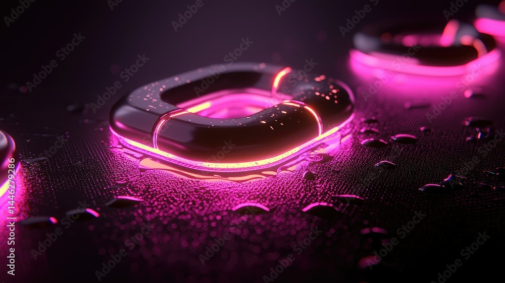 Poster glowing rings rest on a textured surface with scattered water droplets