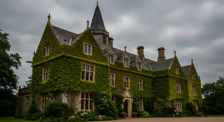 Grand Manor House Covered in Lush Green Ivy Under Dramatic Sky