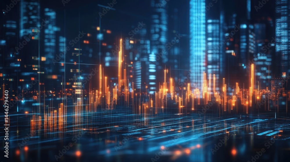 Poster futuristic cityscape with glowing data analysis and network connections
