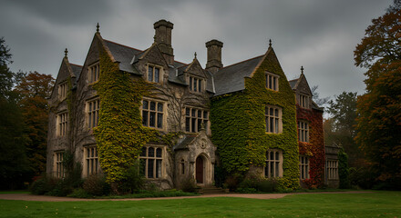Obraz premium Grand Stone Manor House Enveloped in Vibrant Ivy Under an Overcast Sky