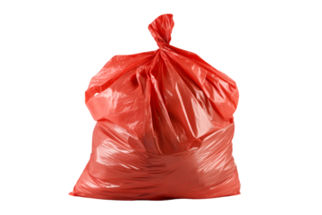 A full red trash bag overflowing with waste ready for disposal