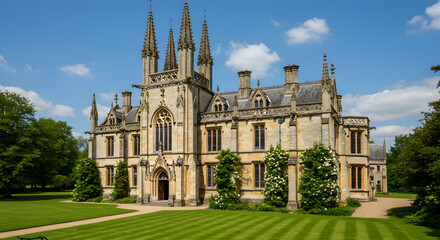 Stately Home Of Great Britain With Lush Green Lawn In Summer