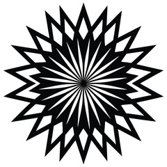 black and white abstract geometric radial pattern, minimalist symmetrical design, psychedelic hypnotic spiral, sharp angular concentric shapes, high contrast graphic illustration
