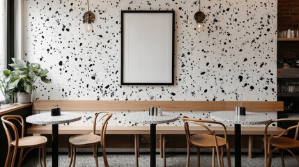 Interior cafe seating area with terrazzo accents and blank frame