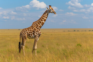 Obraz premium Majestic giraffe gracefully roaming vast African savannone embodies unique beauty of golden grasslands, endless horizons, and awe inspiring magnificence of this iconic African animal 