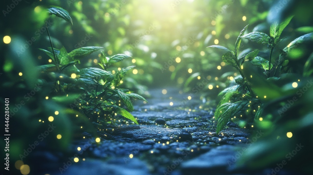 Aufkleber a serene pathway illuminated by ethereal glowing fireflies amidst greenery