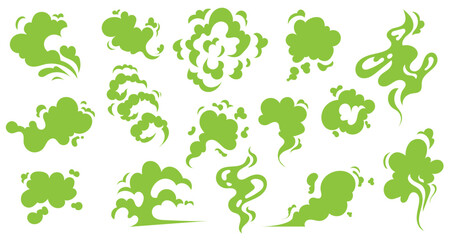 Toxic smoke, green potion gas dangerous, chemical, vector set