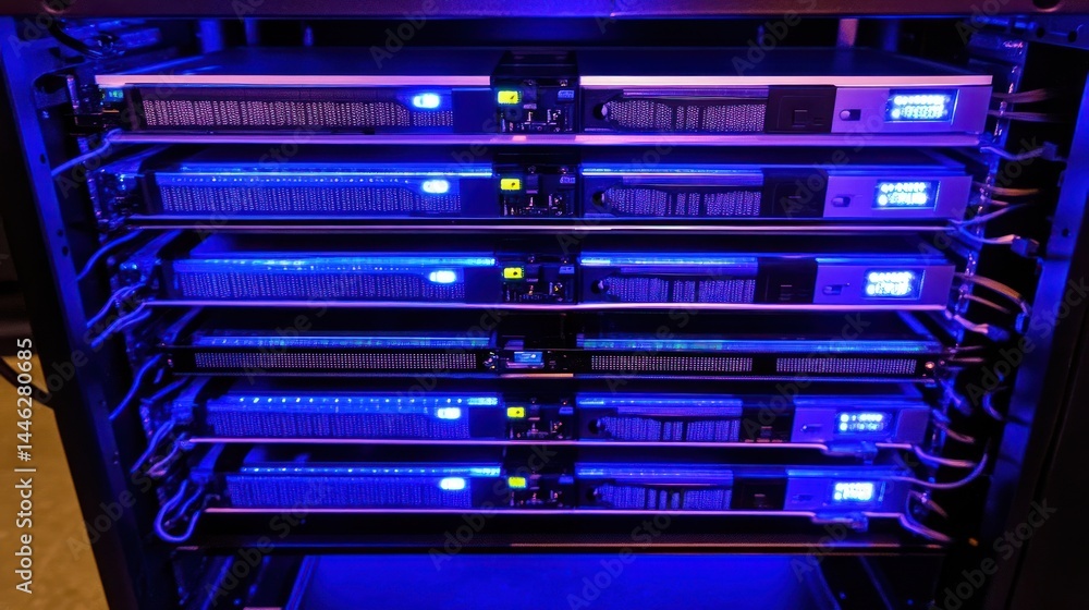 Aufkleber Servers aligned in a rack display blue illuminated indicators