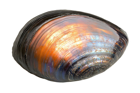 Iridescent mussel shell vibrant copper and blue hues detailed texture isolated on white background